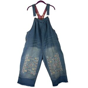 Yesno Women’s Blue Denim Drop Crotch Wide Embroidered Leg Crop Overalls One Size